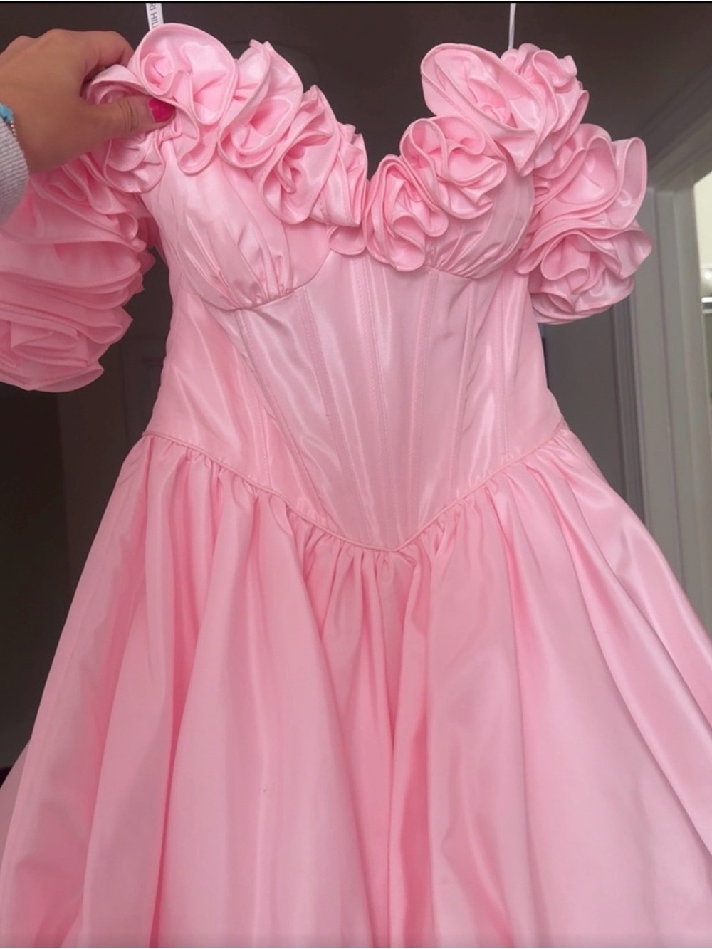 Sherri Hill Pink Ruffled Off-Shoulder Prom Dress
